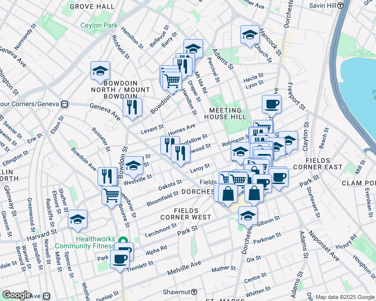 map of restaurants, bars, coffee shops, grocery stores, and more near 90 Topliff Street in Boston