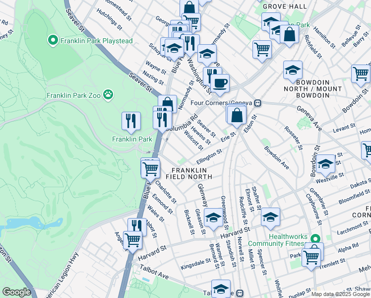 map of restaurants, bars, coffee shops, grocery stores, and more near 47 Ellington Street in Boston