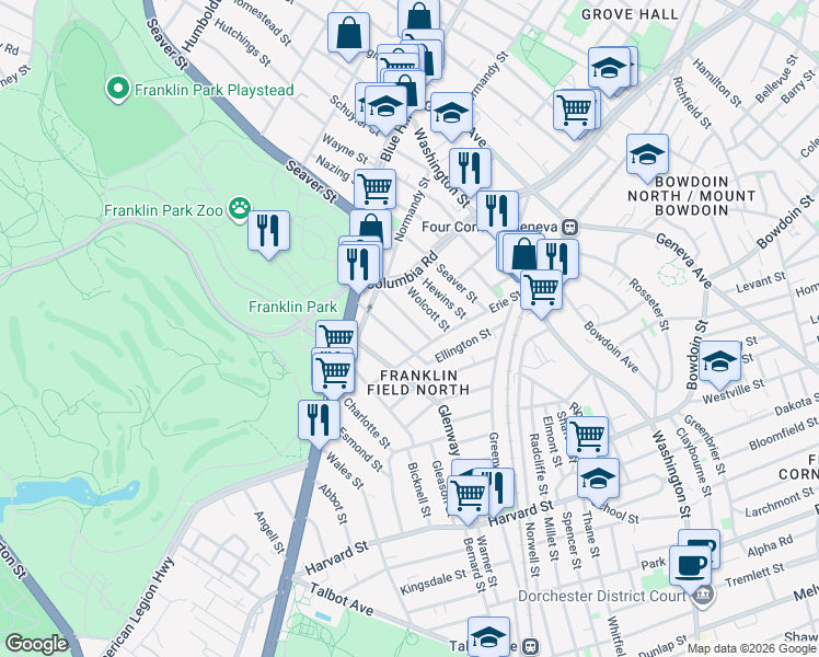 map of restaurants, bars, coffee shops, grocery stores, and more near 47 Ellington Street in Boston