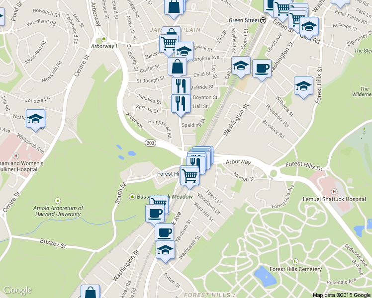 map of restaurants, bars, coffee shops, grocery stores, and more near in Boston