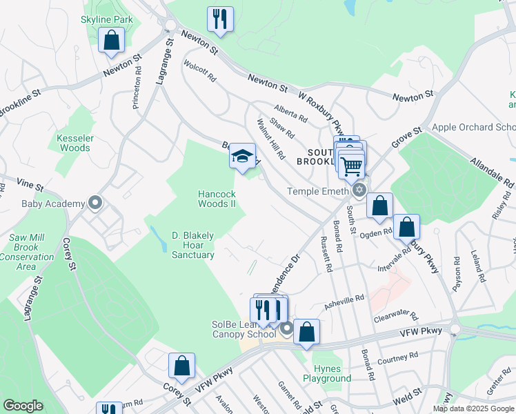 map of restaurants, bars, coffee shops, grocery stores, and more near 178 Gerry Road in Brookline