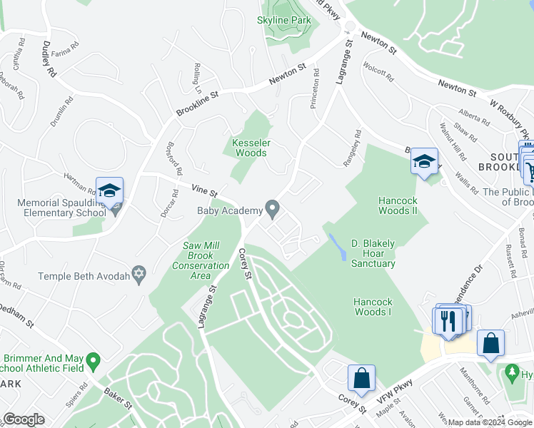map of restaurants, bars, coffee shops, grocery stores, and more near 288 Lagrange Street in Newton