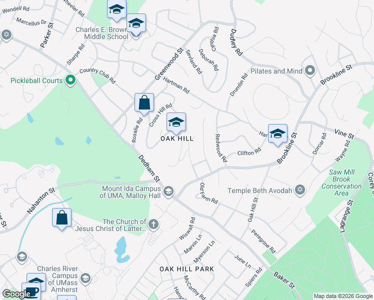 map of restaurants, bars, coffee shops, grocery stores, and more near 26 Ober Road in Newton