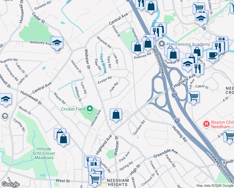 map of restaurants, bars, coffee shops, grocery stores, and more near 49 Evelyn Road in Needham