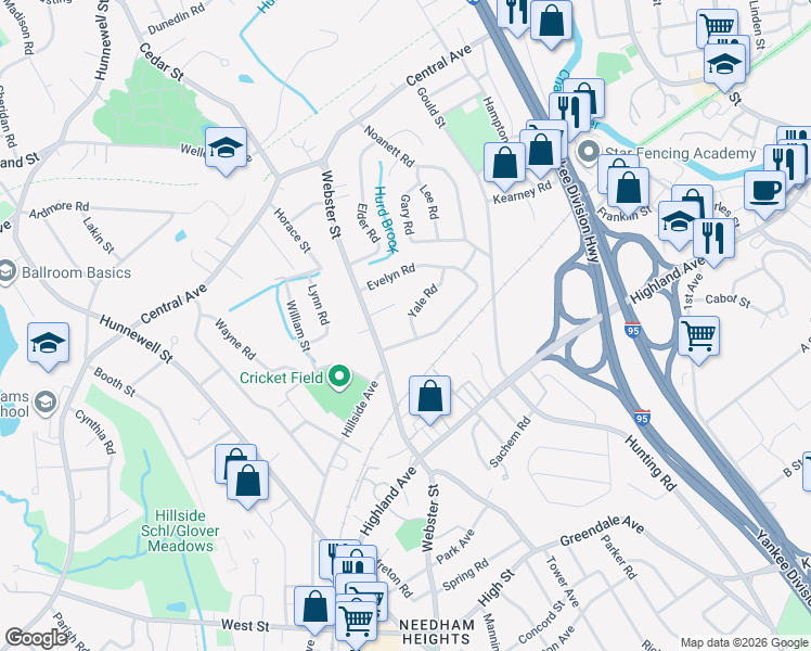 map of restaurants, bars, coffee shops, grocery stores, and more near in Needham