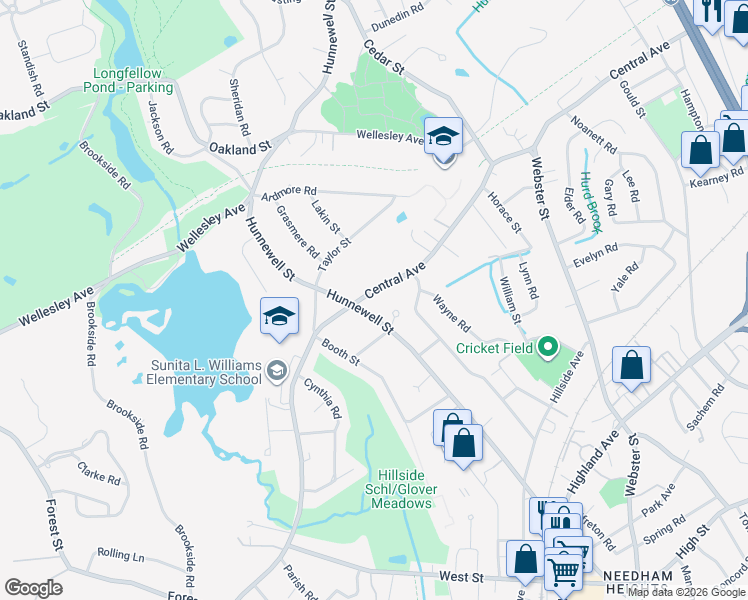 map of restaurants, bars, coffee shops, grocery stores, and more near 169 Hunnewell Street in Needham