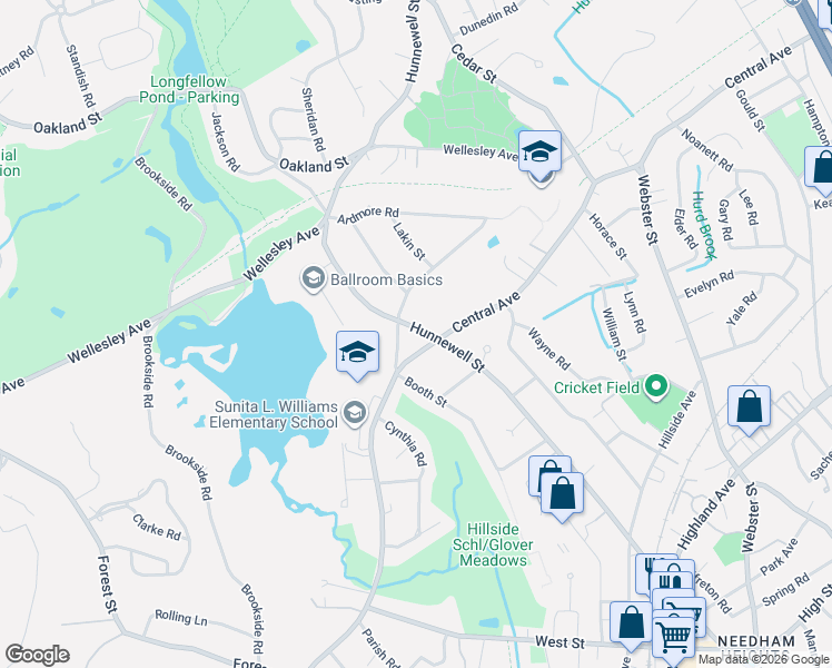 map of restaurants, bars, coffee shops, grocery stores, and more near 527 Central Avenue in Needham