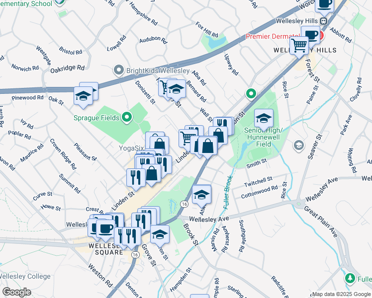 map of restaurants, bars, coffee shops, grocery stores, and more near 277 Linden Street in Wellesley