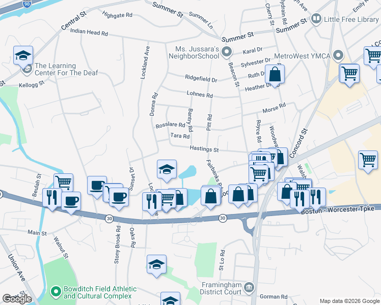 map of restaurants, bars, coffee shops, grocery stores, and more near 82 Hastings Street in Framingham