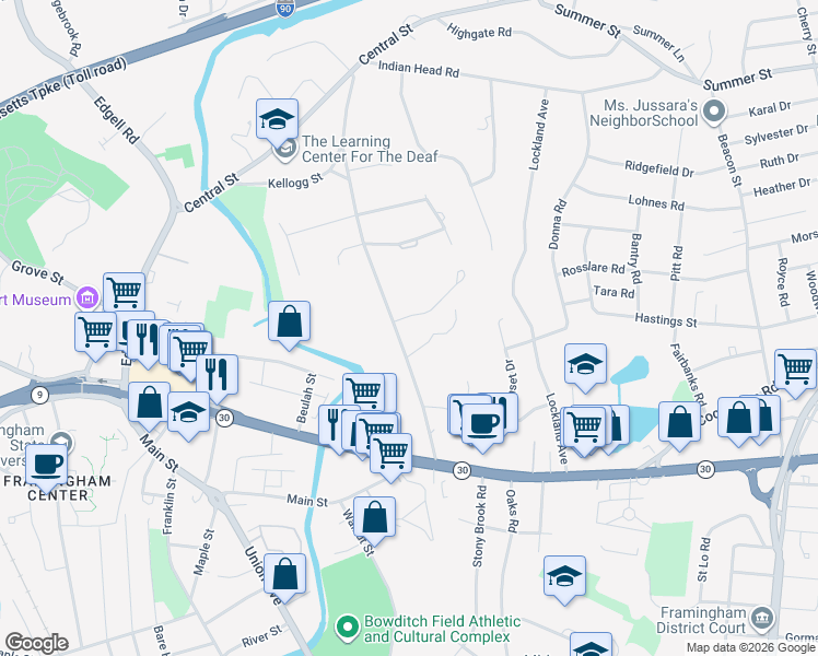 map of restaurants, bars, coffee shops, grocery stores, and more near 100 Prospect Street in Framingham