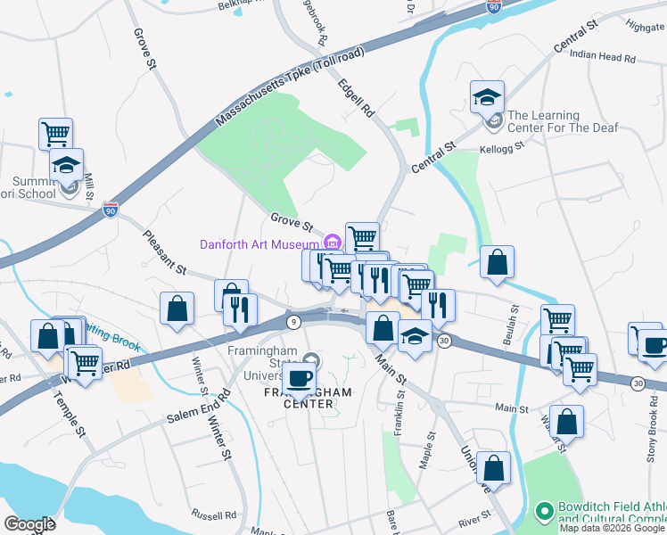 map of restaurants, bars, coffee shops, grocery stores, and more near 6 Vernon Street in Framingham