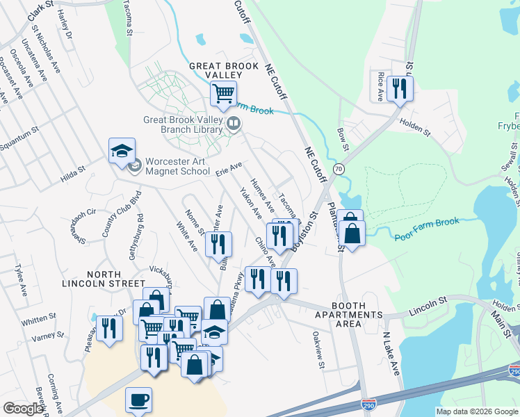 map of restaurants, bars, coffee shops, grocery stores, and more near 13 Yukon Avenue in Worcester