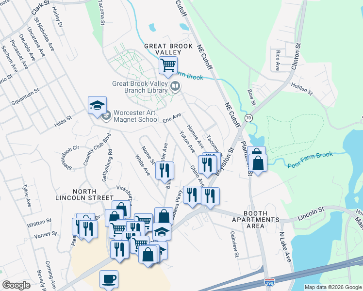 map of restaurants, bars, coffee shops, grocery stores, and more near 52 Bullard Avenue in Worcester