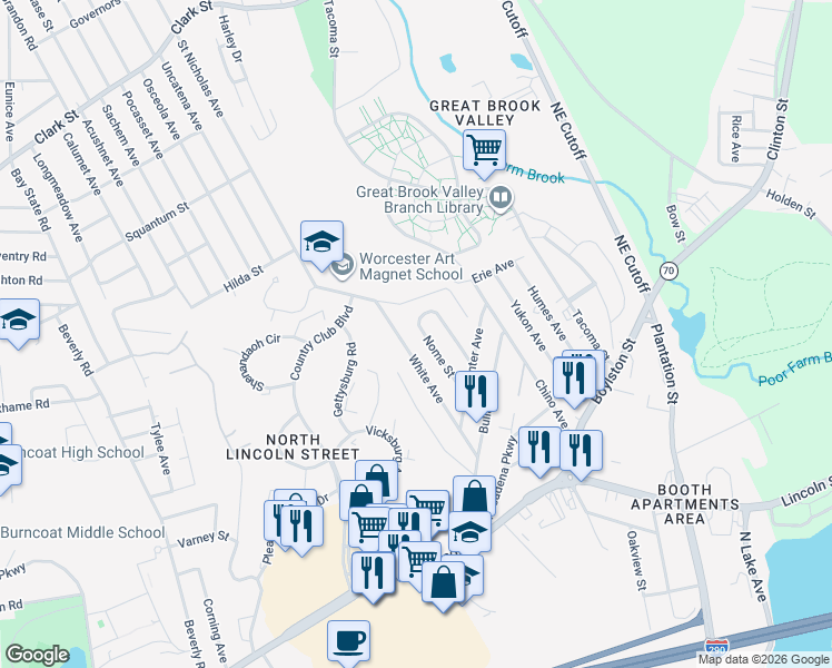 map of restaurants, bars, coffee shops, grocery stores, and more near 46 White Avenue in Worcester