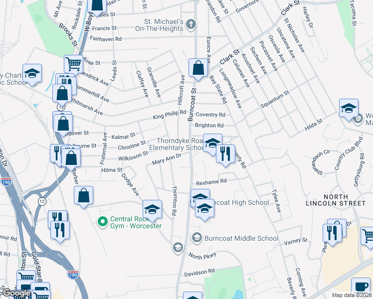 map of restaurants, bars, coffee shops, grocery stores, and more near 222 Burncoat Street in Worcester