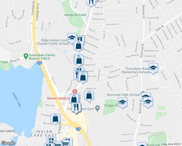 map of restaurants, bars, coffee shops, grocery stores, and more near in Worcester