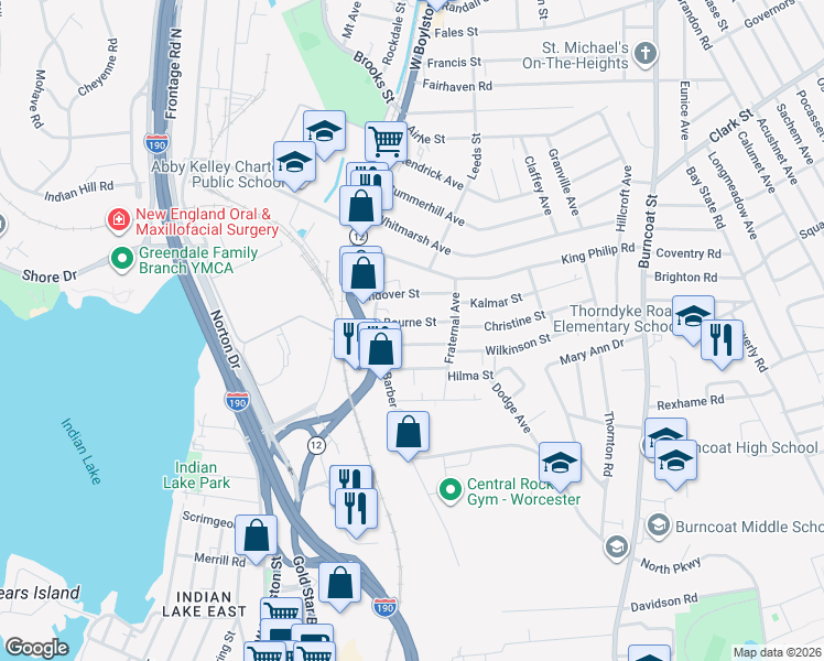 map of restaurants, bars, coffee shops, grocery stores, and more near in Worcester