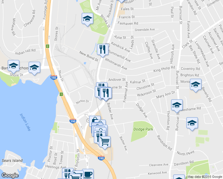 map of restaurants, bars, coffee shops, grocery stores, and more near in Worcester