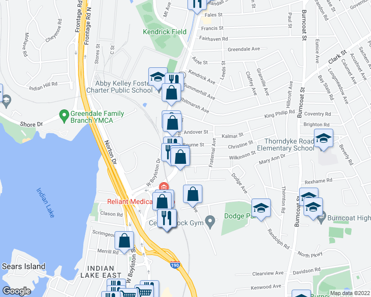 map of restaurants, bars, coffee shops, grocery stores, and more near in Worcester