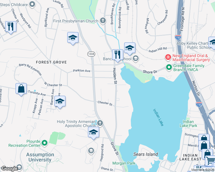 map of restaurants, bars, coffee shops, grocery stores, and more near 7 Kimball Street in Worcester