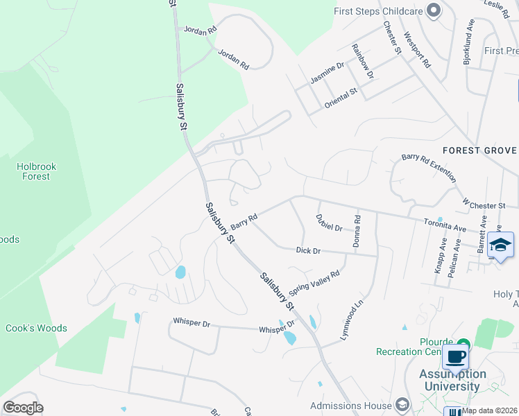 map of restaurants, bars, coffee shops, grocery stores, and more near 6 Barry Road in Worcester