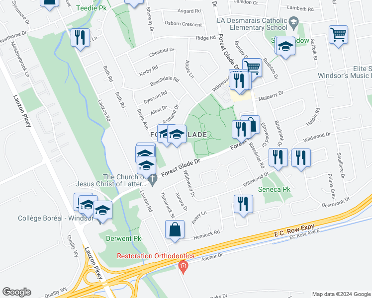 map of restaurants, bars, coffee shops, grocery stores, and more near 3385 Forest Glade Drive in Windsor