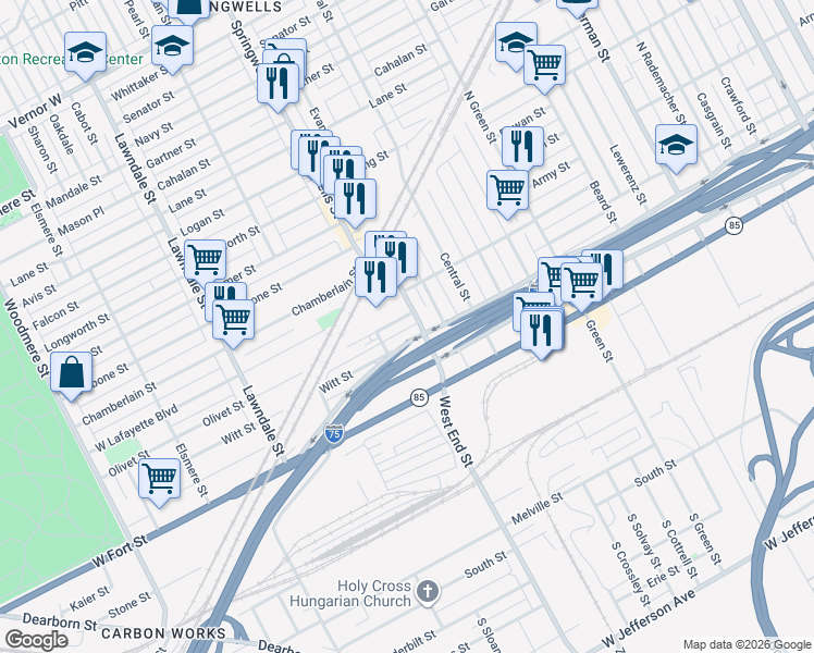 map of restaurants, bars, coffee shops, grocery stores, and more near 7936 Fisher Freeway in Detroit