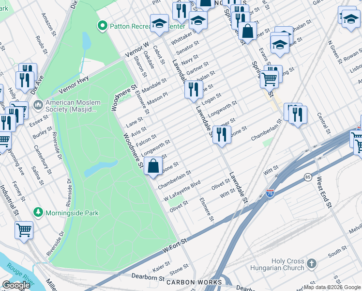 map of restaurants, bars, coffee shops, grocery stores, and more near 9121 Homer Street in Detroit