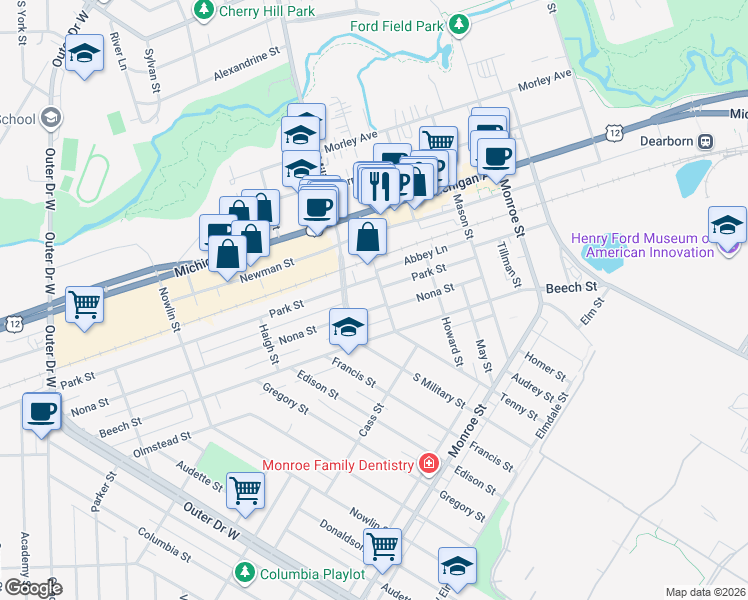 map of restaurants, bars, coffee shops, grocery stores, and more near 22463 Nona Street in Dearborn