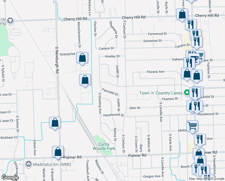 map of restaurants, bars, coffee shops, grocery stores, and more near 36527 Fairchild Street in Westland