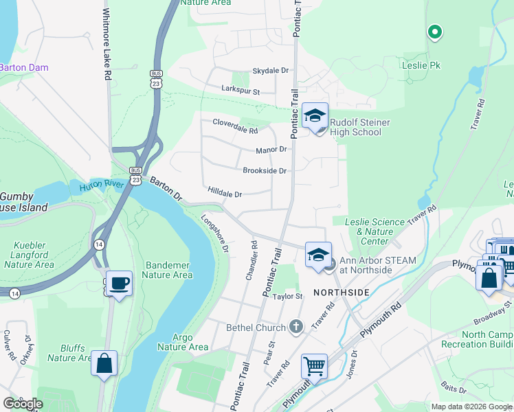 map of restaurants, bars, coffee shops, grocery stores, and more near 624 Northside Avenue in Ann Arbor