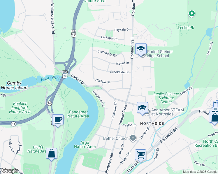 map of restaurants, bars, coffee shops, grocery stores, and more near 678 Barton Drive in Ann Arbor