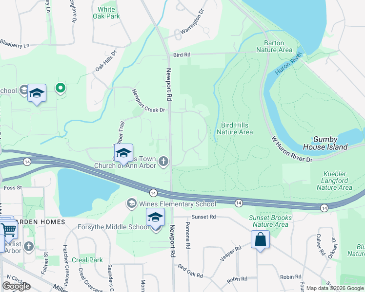 map of restaurants, bars, coffee shops, grocery stores, and more near 2110 Spruceway Lane in Ann Arbor