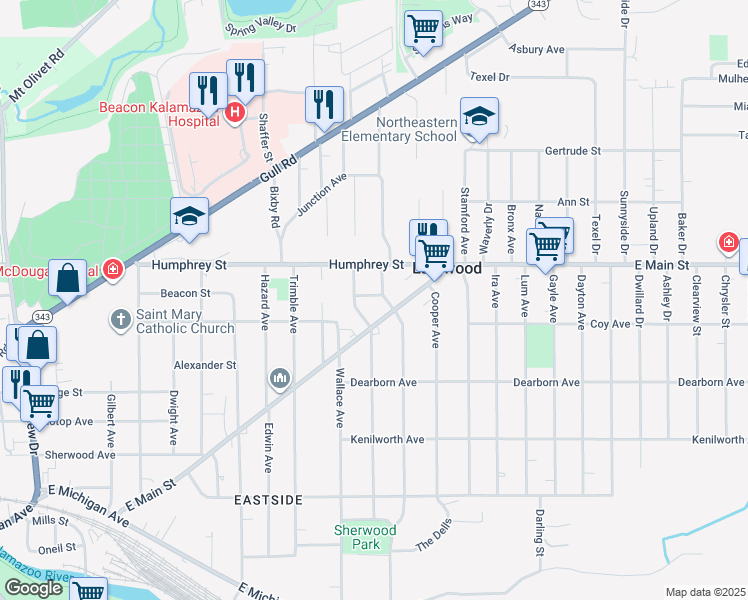 map of restaurants, bars, coffee shops, grocery stores, and more near 2109 East Main Street in Kalamazoo