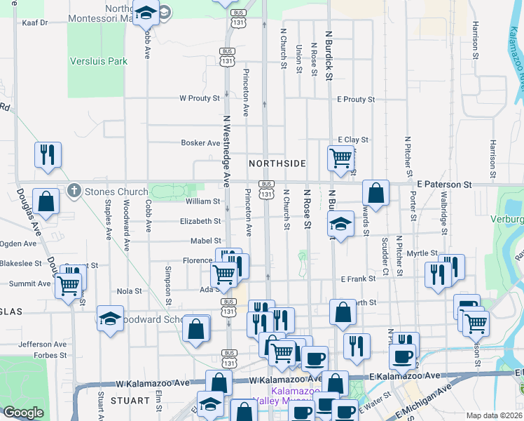 map of restaurants, bars, coffee shops, grocery stores, and more near 419 Norway Avenue in Kalamazoo