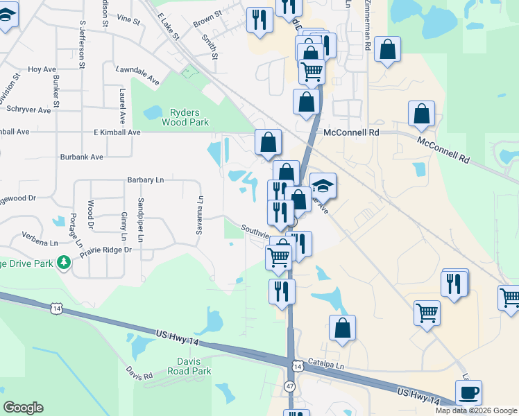 map of restaurants, bars, coffee shops, grocery stores, and more near 12204 Southview Drive in Woodstock