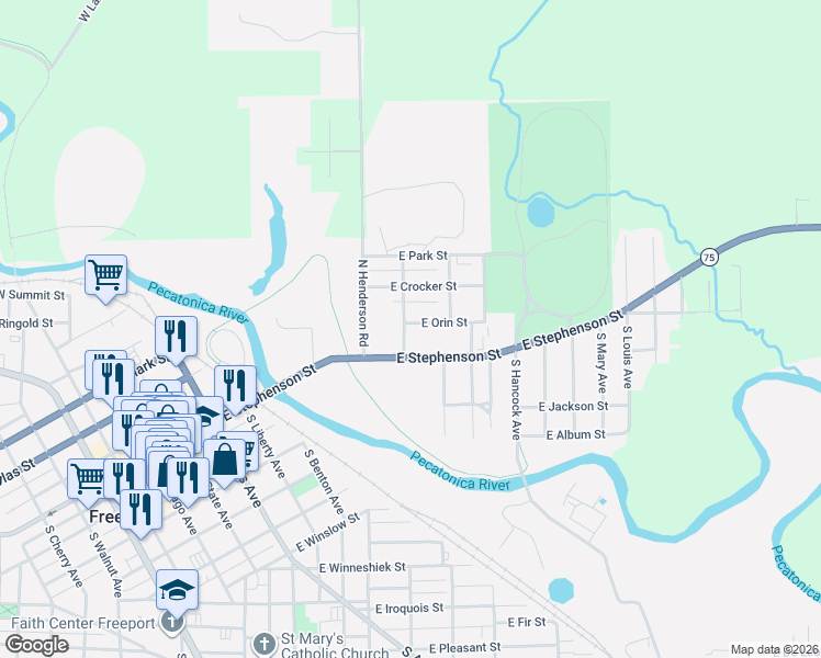 map of restaurants, bars, coffee shops, grocery stores, and more near 602-608 Stephenson Circle in Freeport