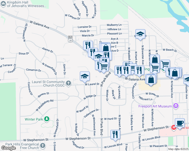 map of restaurants, bars, coffee shops, grocery stores, and more near 1614 West Laurel Street in Freeport