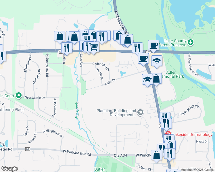 map of restaurants, bars, coffee shops, grocery stores, and more near 215 Adler Drive in Libertyville