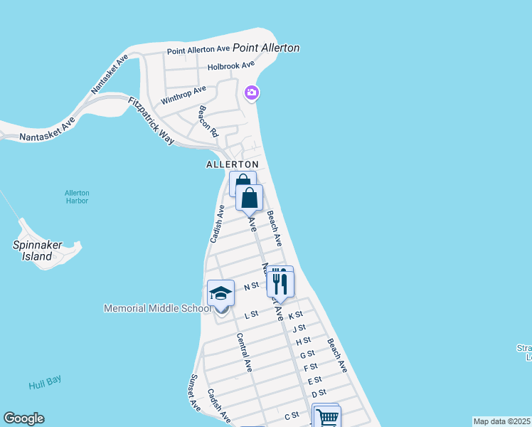map of restaurants, bars, coffee shops, grocery stores, and more near 32 S Street in Hull