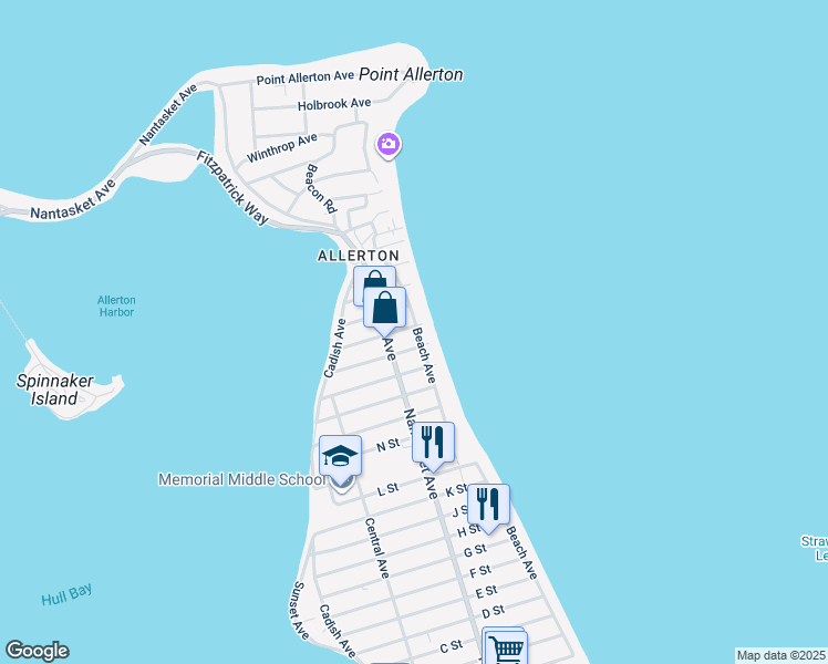 map of restaurants, bars, coffee shops, grocery stores, and more near 68 S Street in Hull