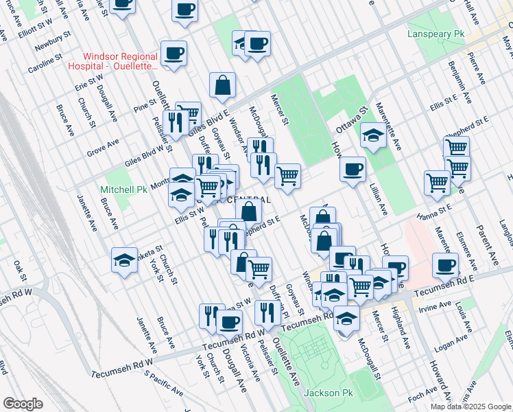 map of restaurants, bars, coffee shops, grocery stores, and more near 1477 Goyeau Street in Windsor