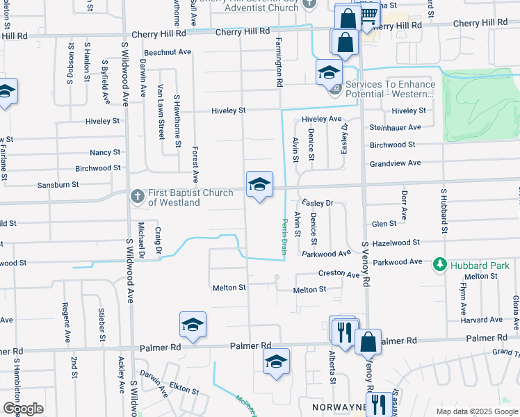 map of restaurants, bars, coffee shops, grocery stores, and more near 1031 South Schuman Street in Westland