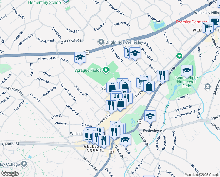 map of restaurants, bars, coffee shops, grocery stores, and more near 11 Oak Street in Wellesley