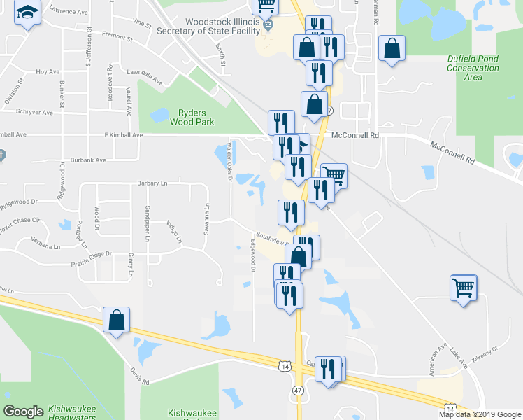 map of restaurants, bars, coffee shops, grocery stores, and more near 12204 Southview Drive in Woodstock