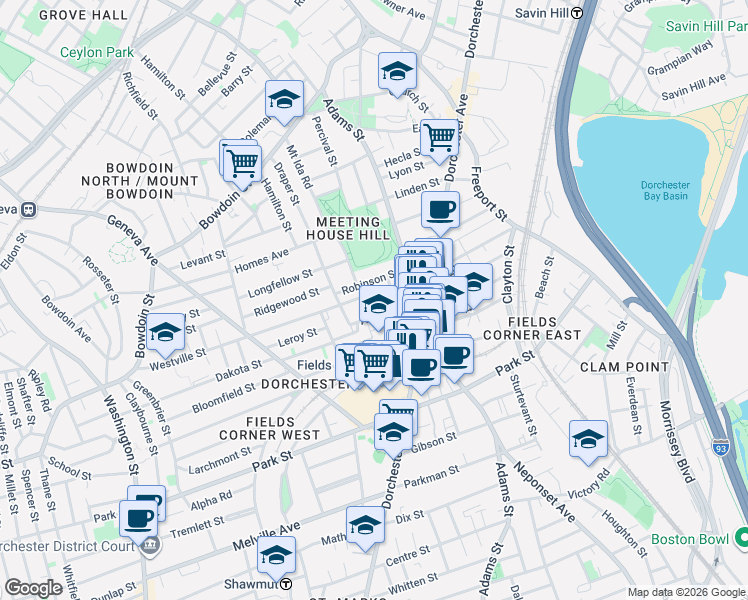 map of restaurants, bars, coffee shops, grocery stores, and more near 28 Arcadia Street in Boston