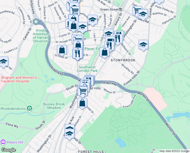 map of restaurants, bars, coffee shops, grocery stores, and more near 3611 Washington Street in Boston