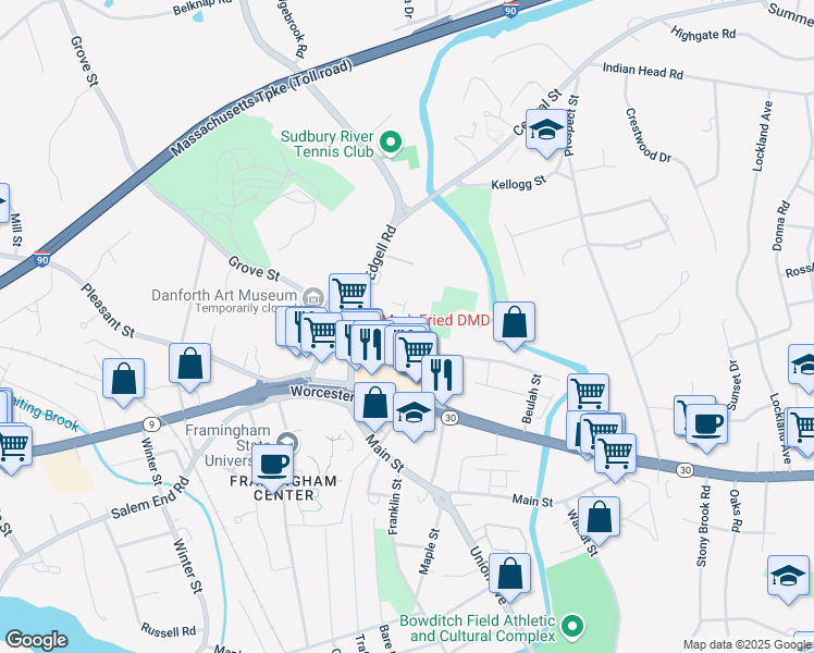 map of restaurants, bars, coffee shops, grocery stores, and more near 10 Auburn Street in Framingham