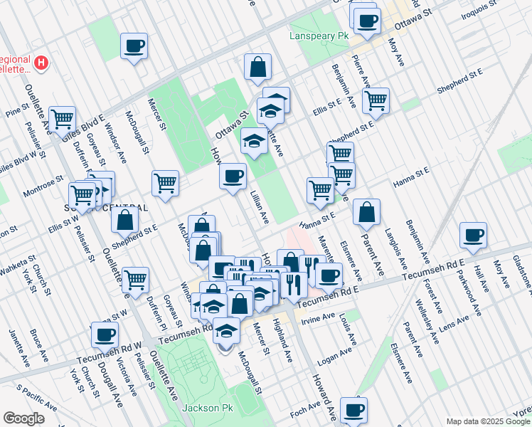 map of restaurants, bars, coffee shops, grocery stores, and more near 1552 Lillian Avenue in Windsor