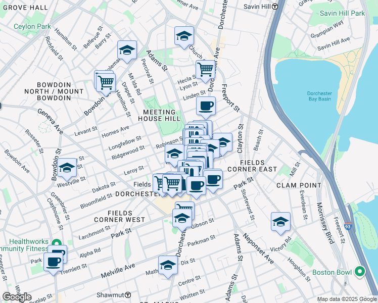 map of restaurants, bars, coffee shops, grocery stores, and more near 195 Adams Street in Boston
